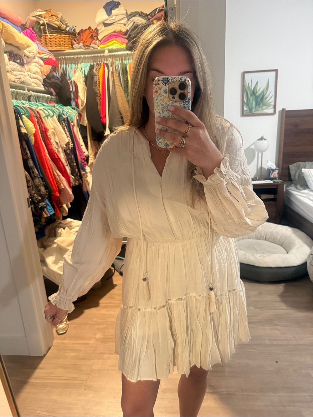 Zara Boho Tiered Cream Long-Sleeve Mini Dress